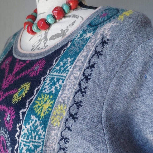 Akemi+Kin Anthropologie Kaleidoscope Sweater Dress Short Sleeve Floral Grey Sz.L - Picture 7 of 12